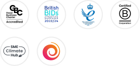 6 awards Neighbourly has achieved: Good Business Charter accreditation, British BIDS supplier, Queens award for innovation, Certified B corp, SME Climate hub