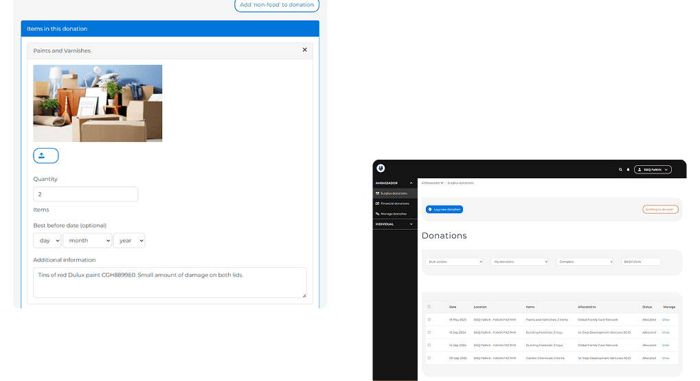 Two screenshots showing Neighbourly's non-food surplus features
