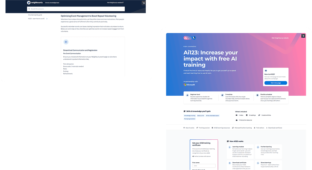 A screenshot of neighbourly's charity knowledge base & free AI training module